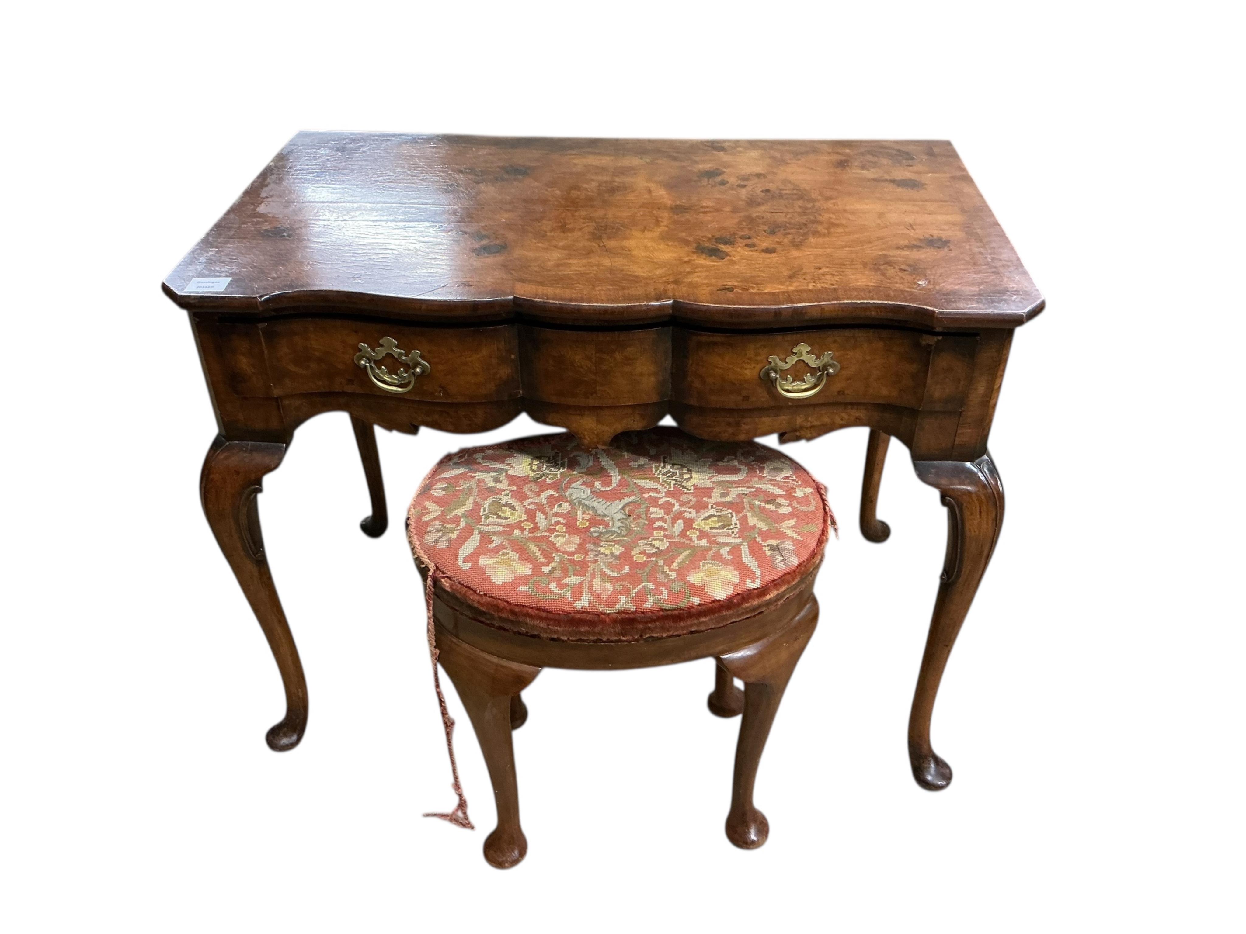 A Queen Anne Revival banded walnut side table, width 90cm, depth 51cm, height 72cm together with a similar stool